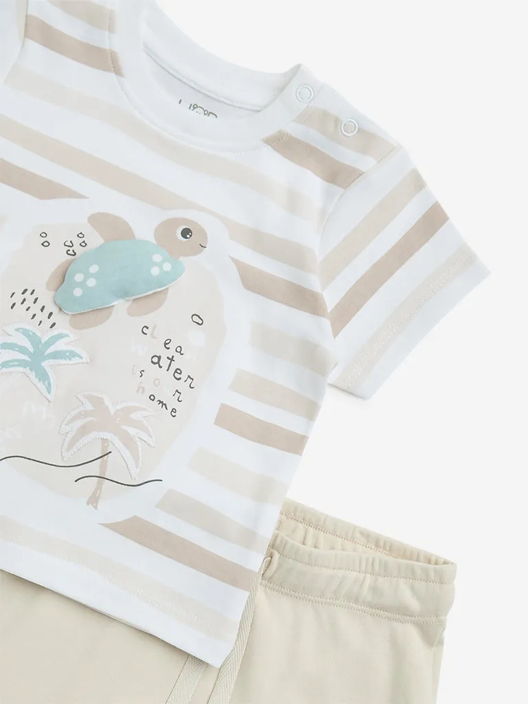 HOP Baby Beige Striped Cotton T-Shirt & Pants Set