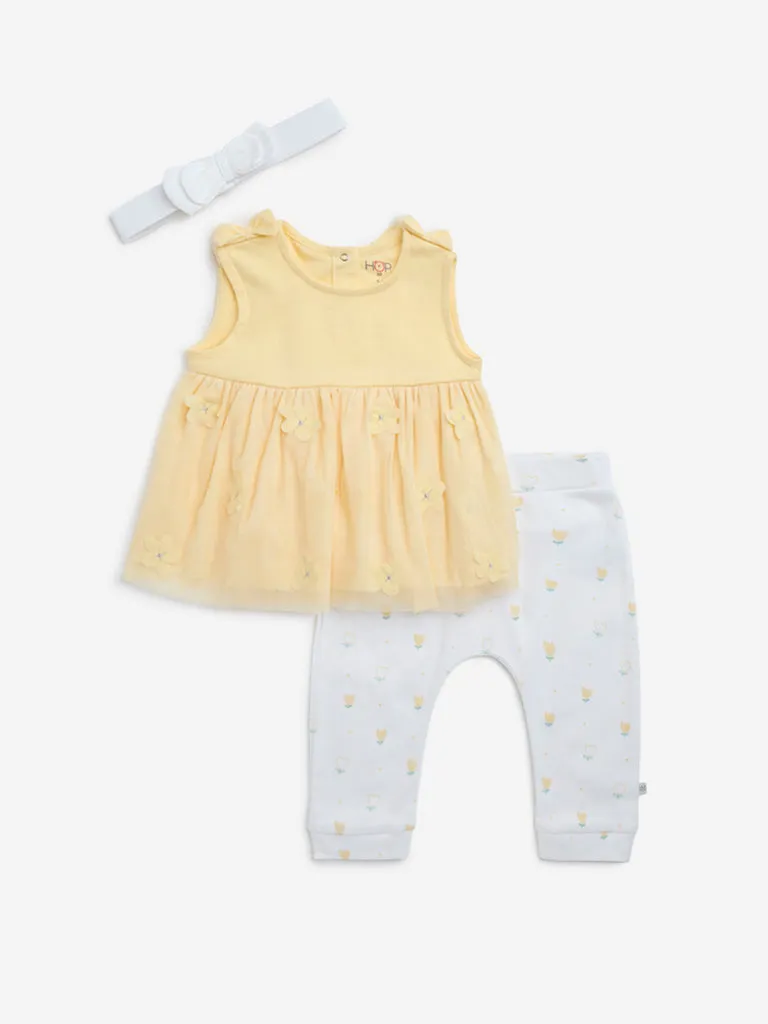 HOP Baby Yellow Floral Cotton Dress, Pants and Headband Set