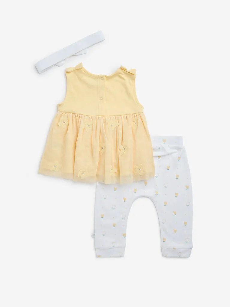 HOP Baby Yellow Floral Cotton Dress, Pants and Headband Set