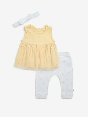 HOP Baby Yellow Floral Cotton Dress, Pants and Headband Set