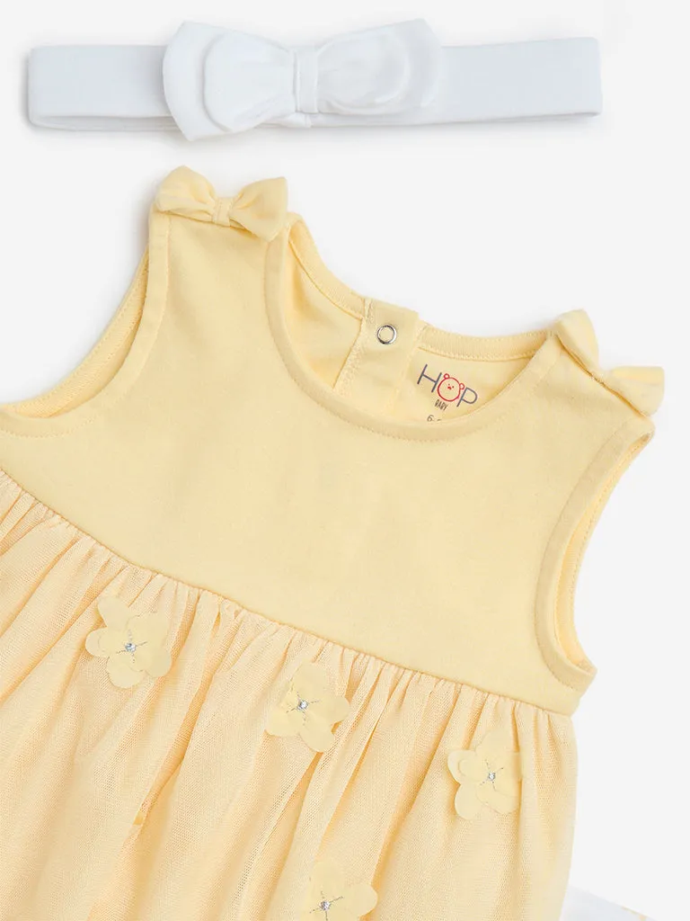 HOP Baby Yellow Floral Cotton Dress, Pants and Headband Set