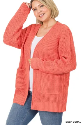 In My Bones Plus Deep Coral Waffle Open Cardigan