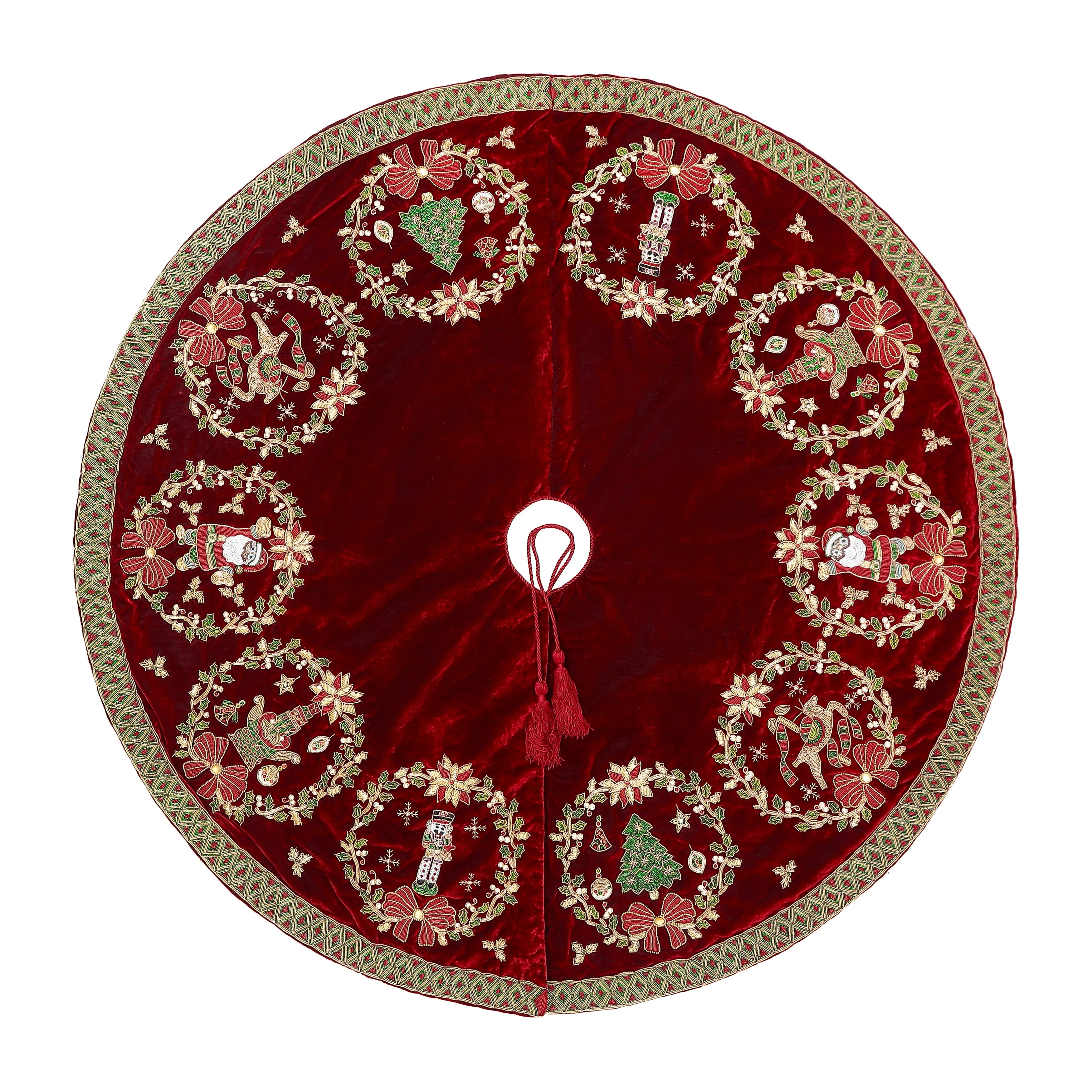 Joyful Wreath Tapestry Red Velvet Christmas Tree Skirt