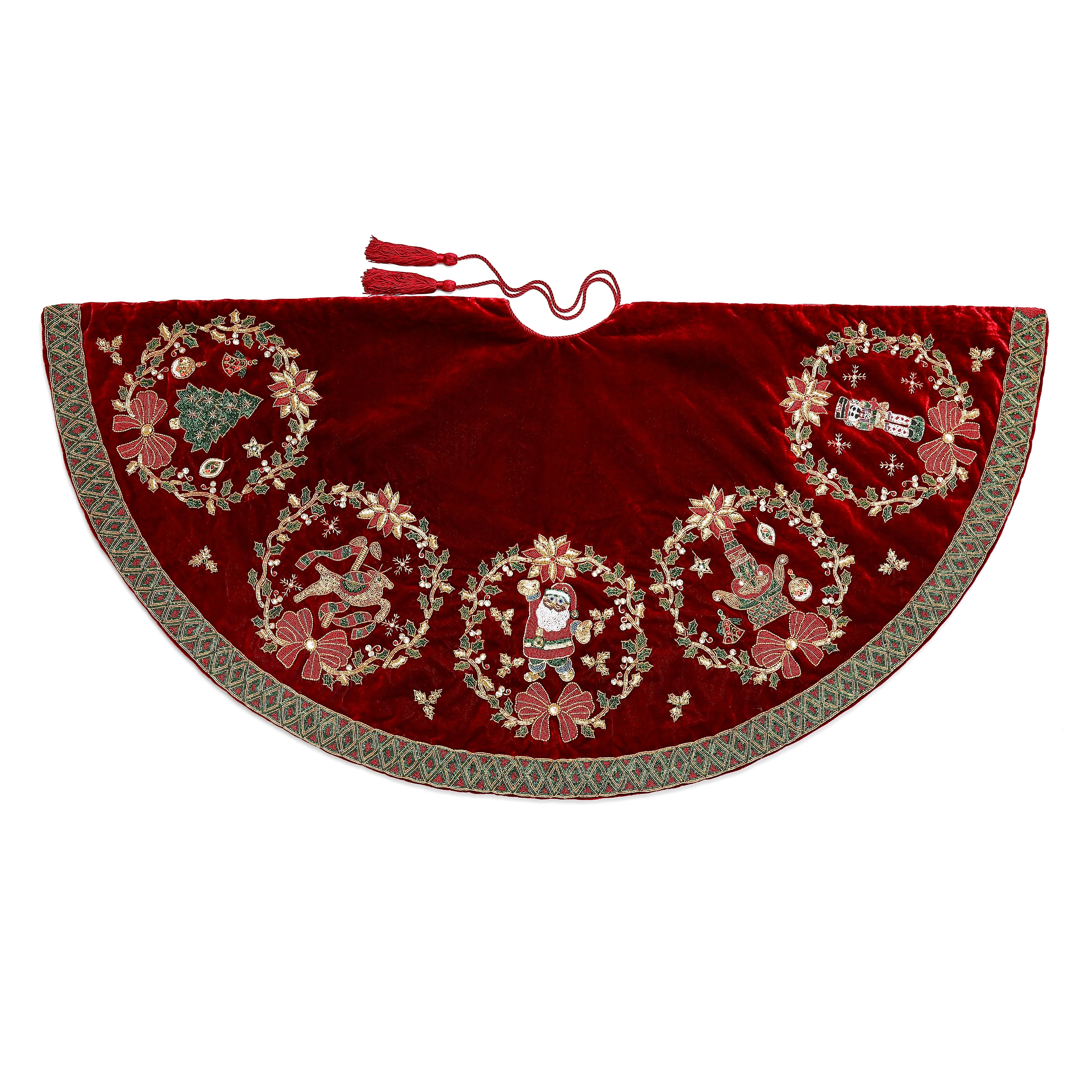 Joyful Wreath Tapestry Red Velvet Christmas Tree Skirt