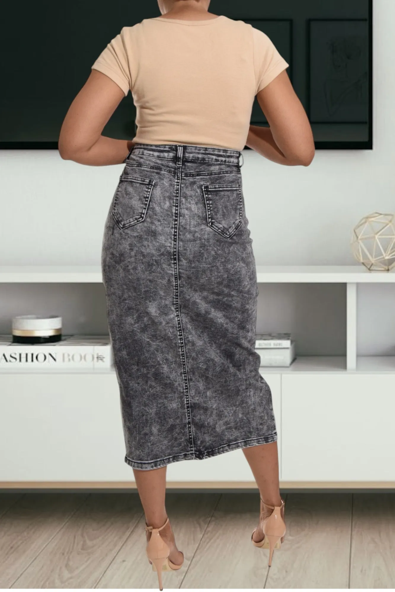 Ladies Grey Denim Slit Skirt