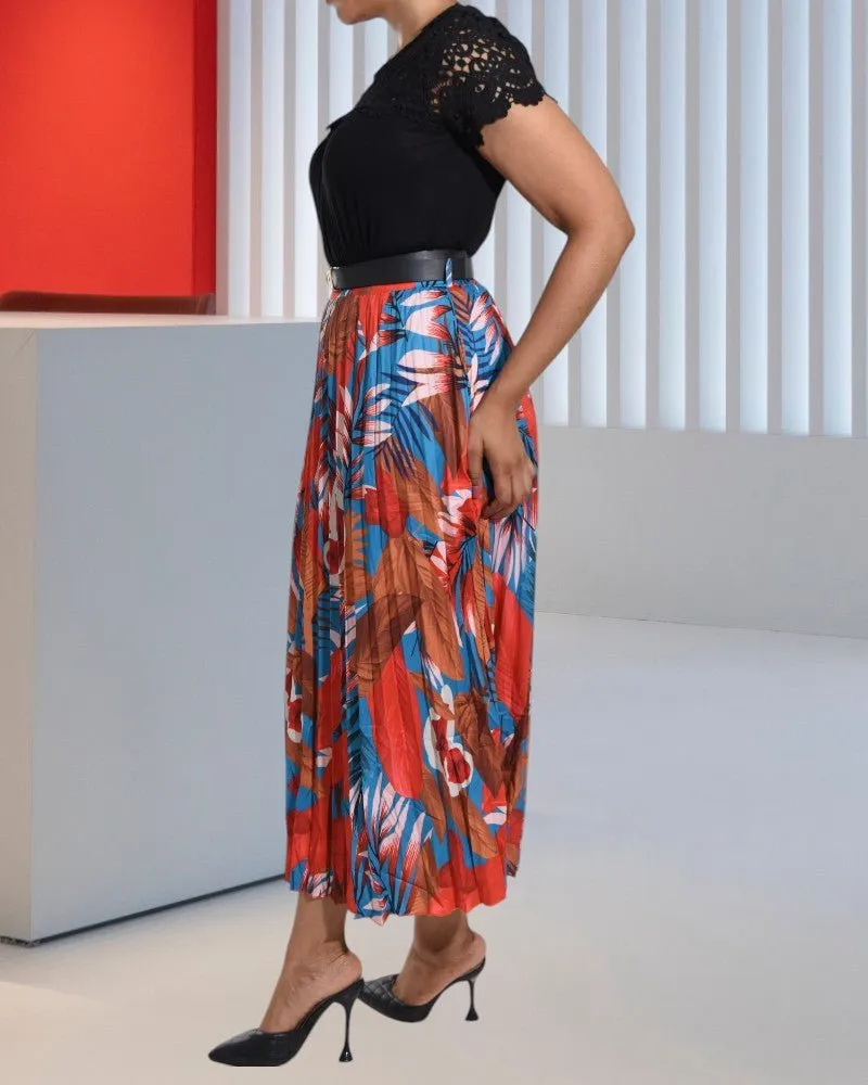 Ladies Tropical Print Pleated Skirt