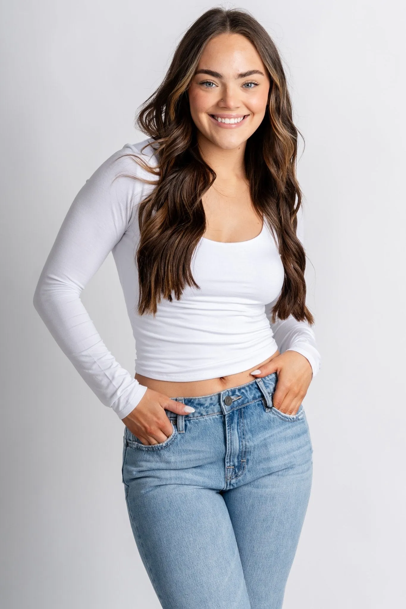 Long sleeve scoop neck modal top off white