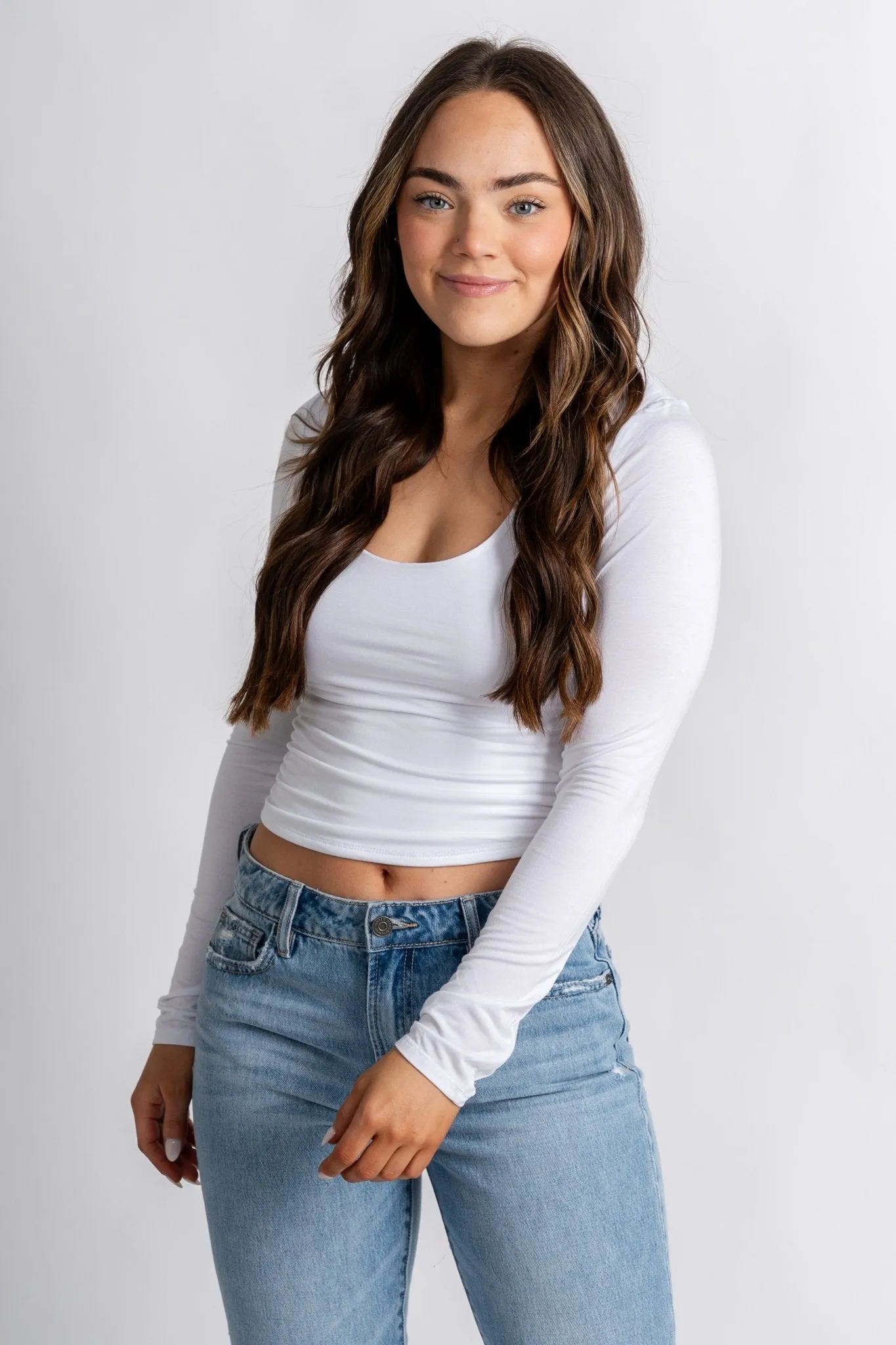 Long sleeve scoop neck modal top off white