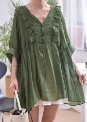 Loose Blackish Green V Neck Ruffled Cotton Shirts Summer MN043