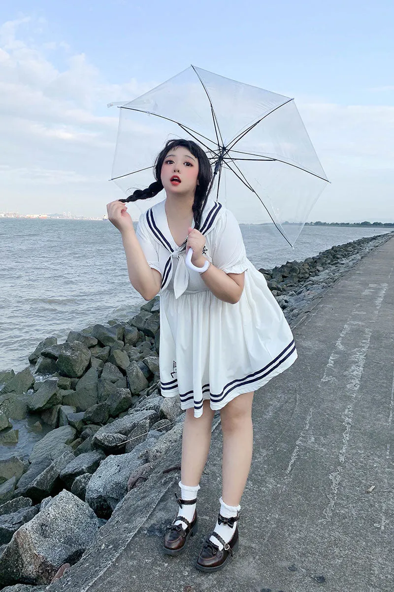 Plus Size Sailor Collar White Navy Blue Summer Dress Shorts Two Piece Set