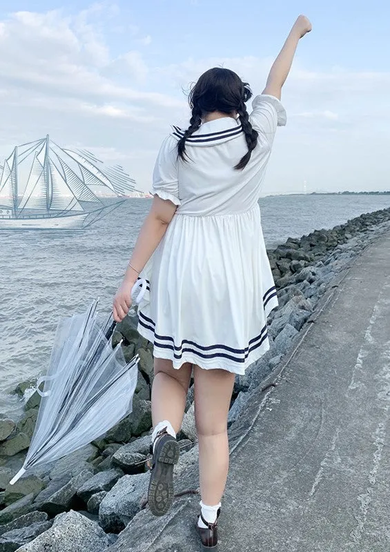 Plus Size Sailor Collar White Navy Blue Summer Dress Shorts Two Piece Set