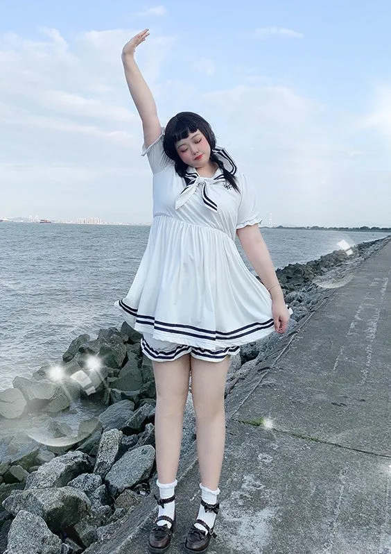 Plus Size Sailor Collar White Navy Blue Summer Dress Shorts Two Piece Set