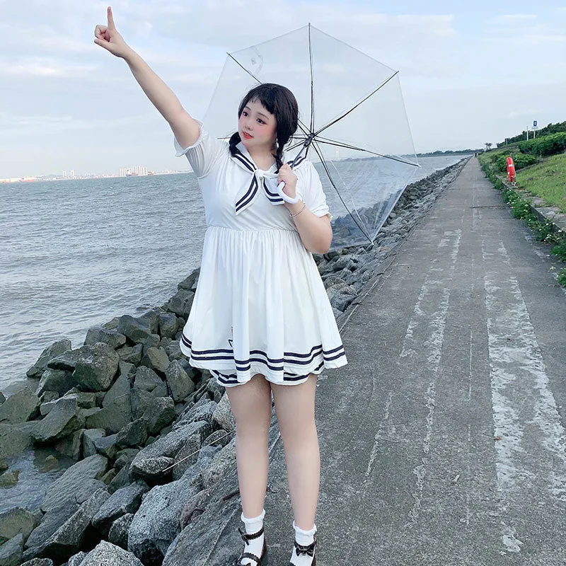 Plus Size Sailor Collar White Navy Blue Summer Dress Shorts Two Piece Set