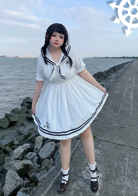 Plus Size Sailor Collar White Navy Blue Summer Dress Shorts Two Piece Set
