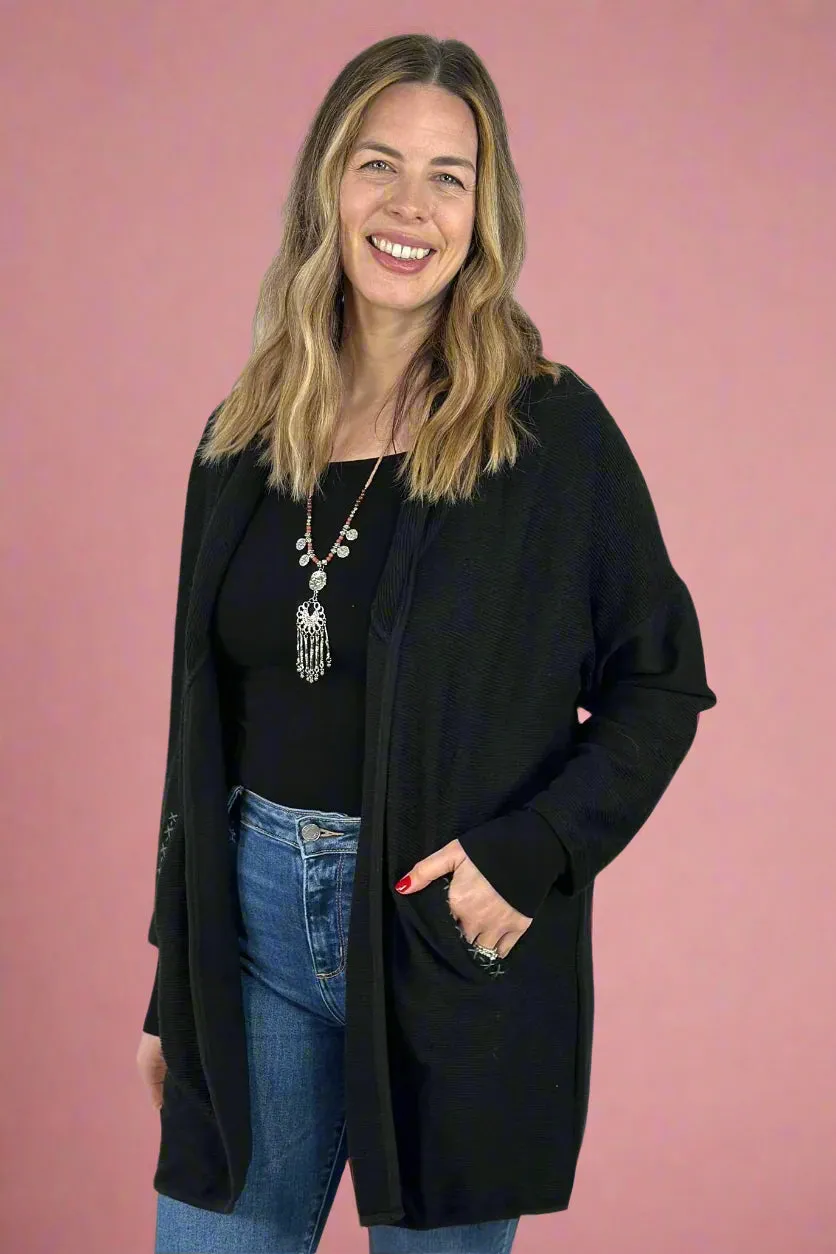 Pocket Stitch Textured Cardigan - Black