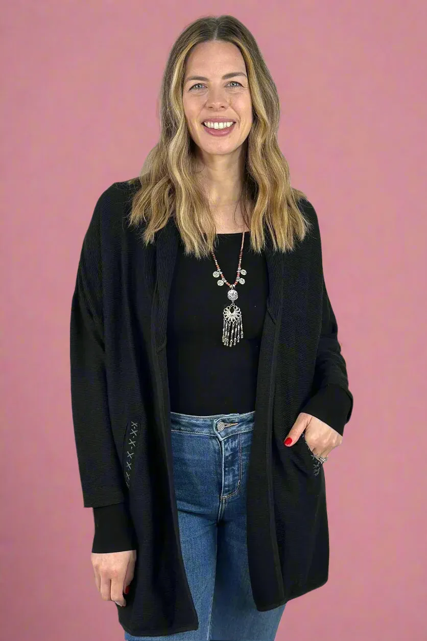 Pocket Stitch Textured Cardigan - Black