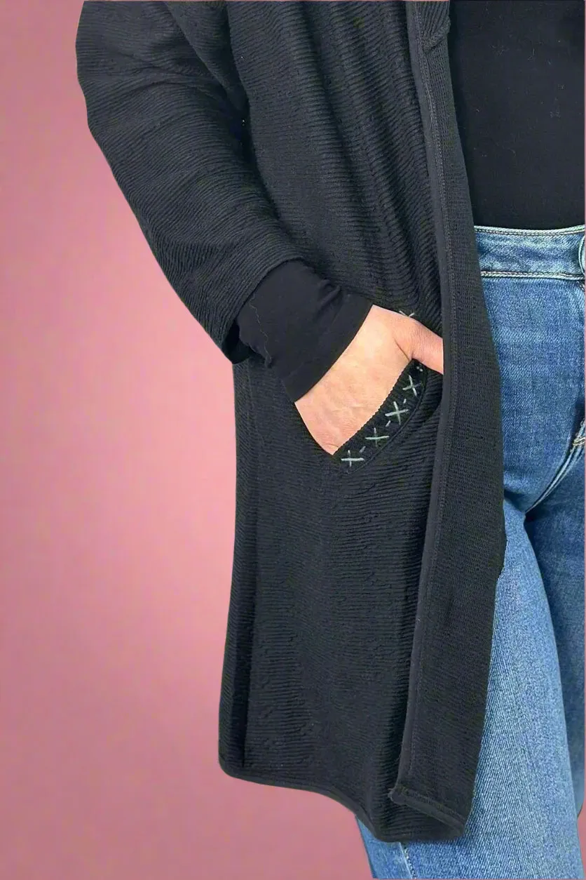 Pocket Stitch Textured Cardigan - Black