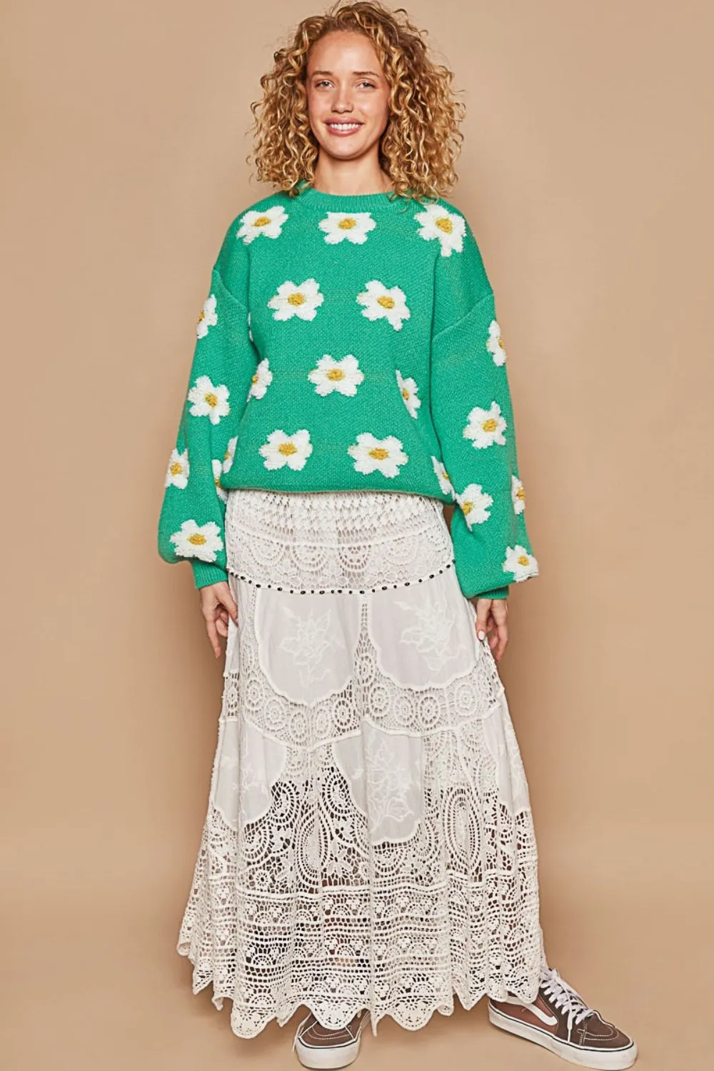 POL Shamrock Daisy Pattern Drop Shoulder Balloon Sleeve Sweater