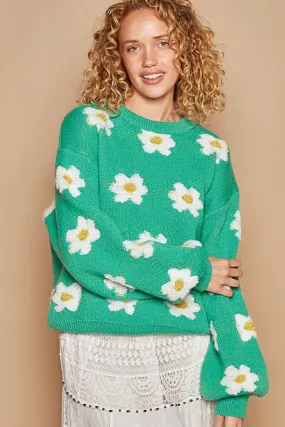 POL Shamrock Daisy Pattern Drop Shoulder Balloon Sleeve Sweater