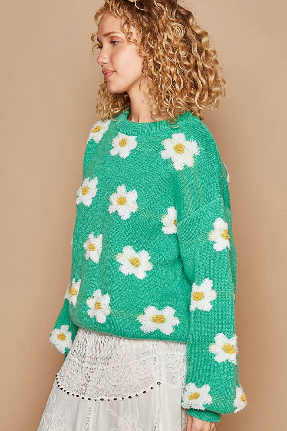 POL Shamrock Daisy Pattern Drop Shoulder Balloon Sleeve Sweater