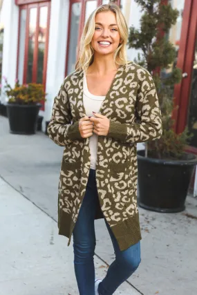 Reborn J Olive Fury Knit Animal Print Ribbed Open Cardigan