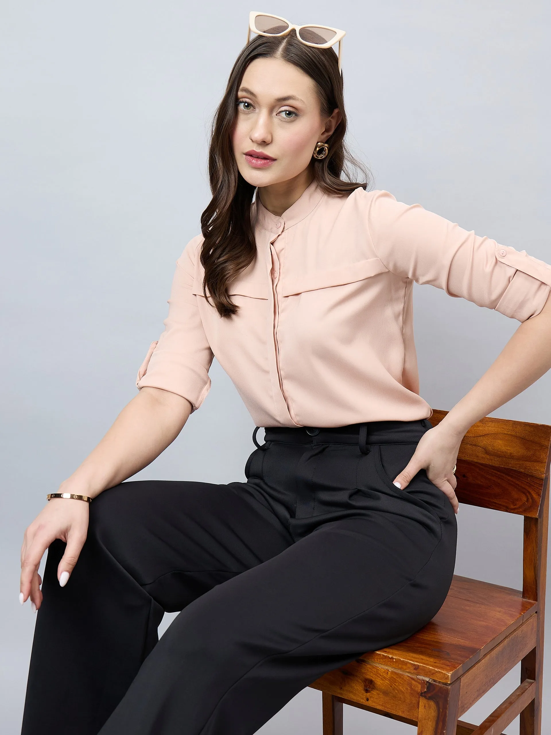 Style Quotient Women Solid Nude Polyester Regular Fit Formal Shirt