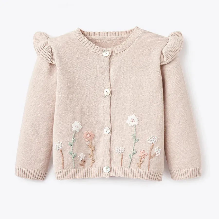 Taupe Flutter Sleeve Hand - Embroidered Cardigan