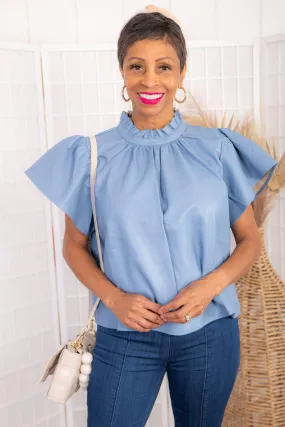 THML Tell Me About It Blue Faux Leather Flutter Sleeve Top