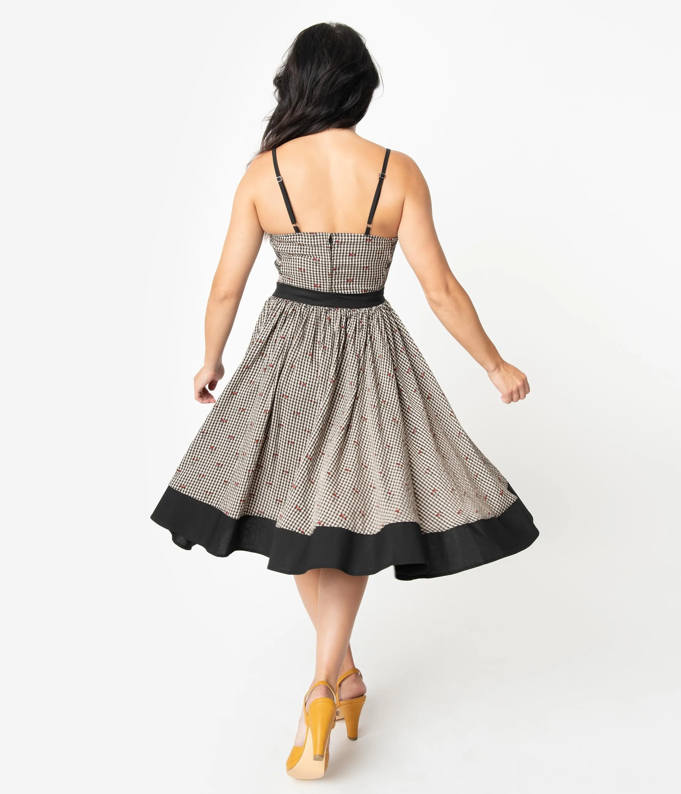 Unique Vintage Black Gingham & Cherry Print Rye Swing Skirt