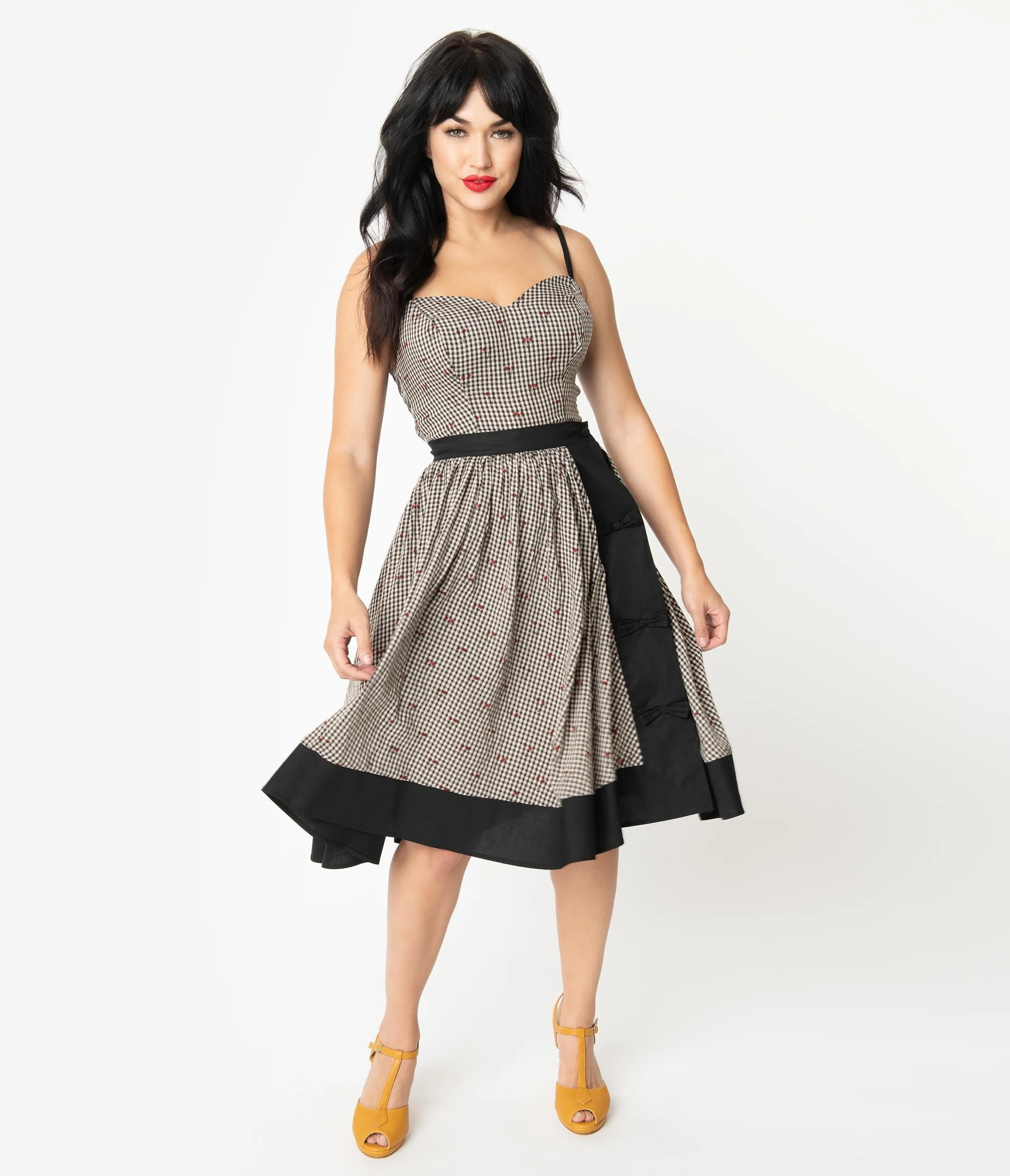 Unique Vintage Black Gingham & Cherry Print Rye Swing Skirt