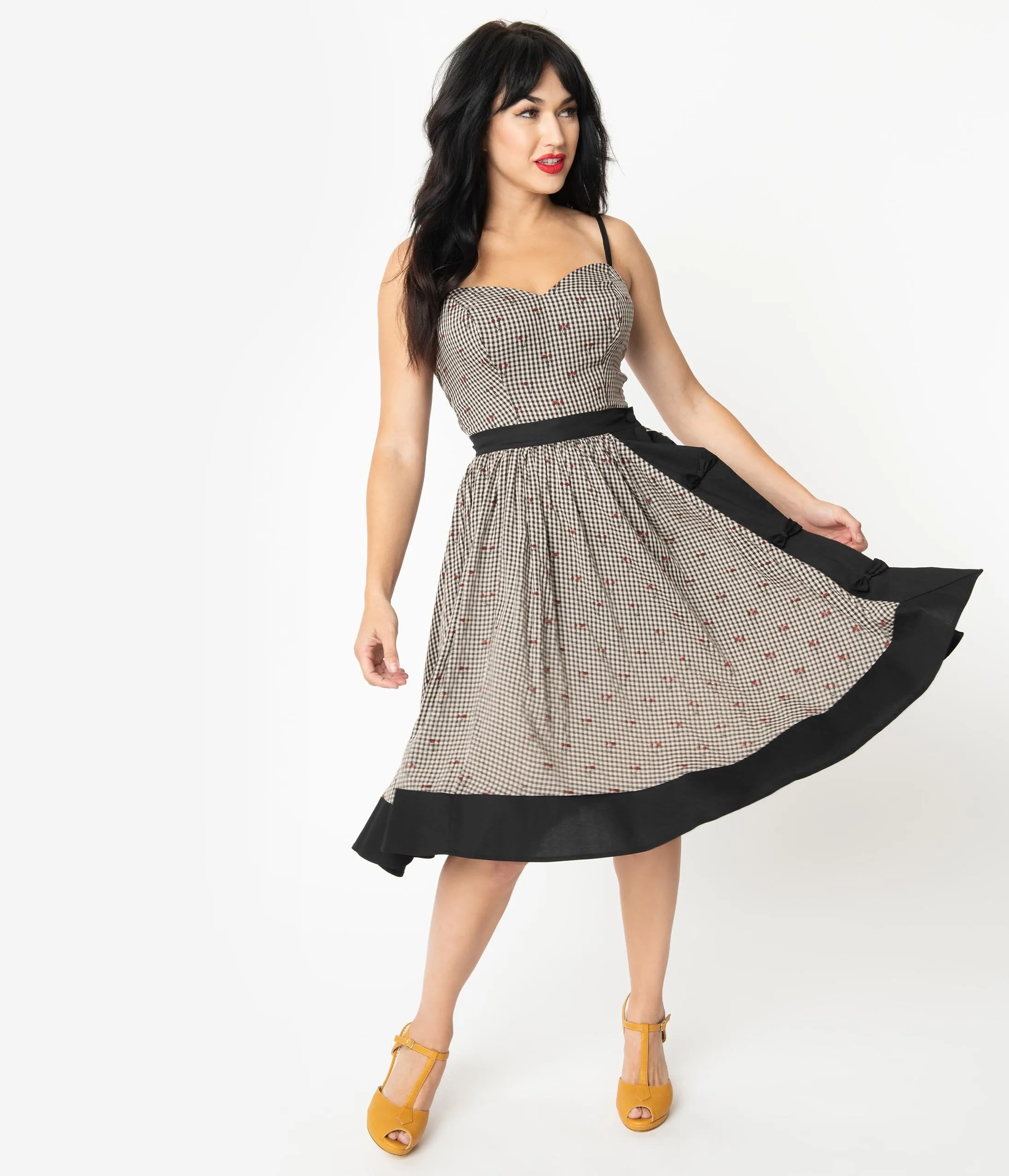 Unique Vintage Black Gingham & Cherry Print Rye Swing Skirt