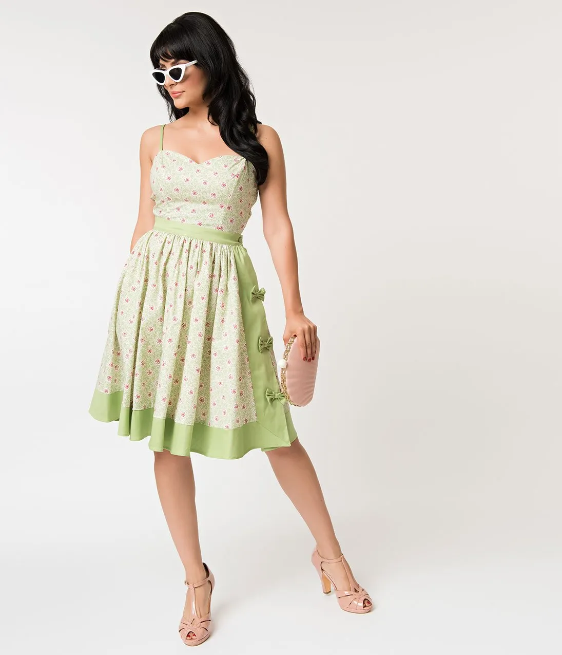 Unique Vintage Mint Green & Polka Dot Floral Rye Swing Skirt