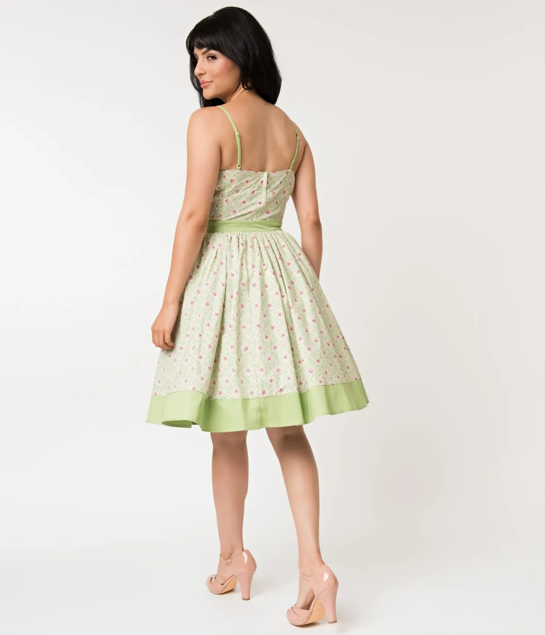 Unique Vintage Mint Green & Polka Dot Floral Rye Swing Skirt