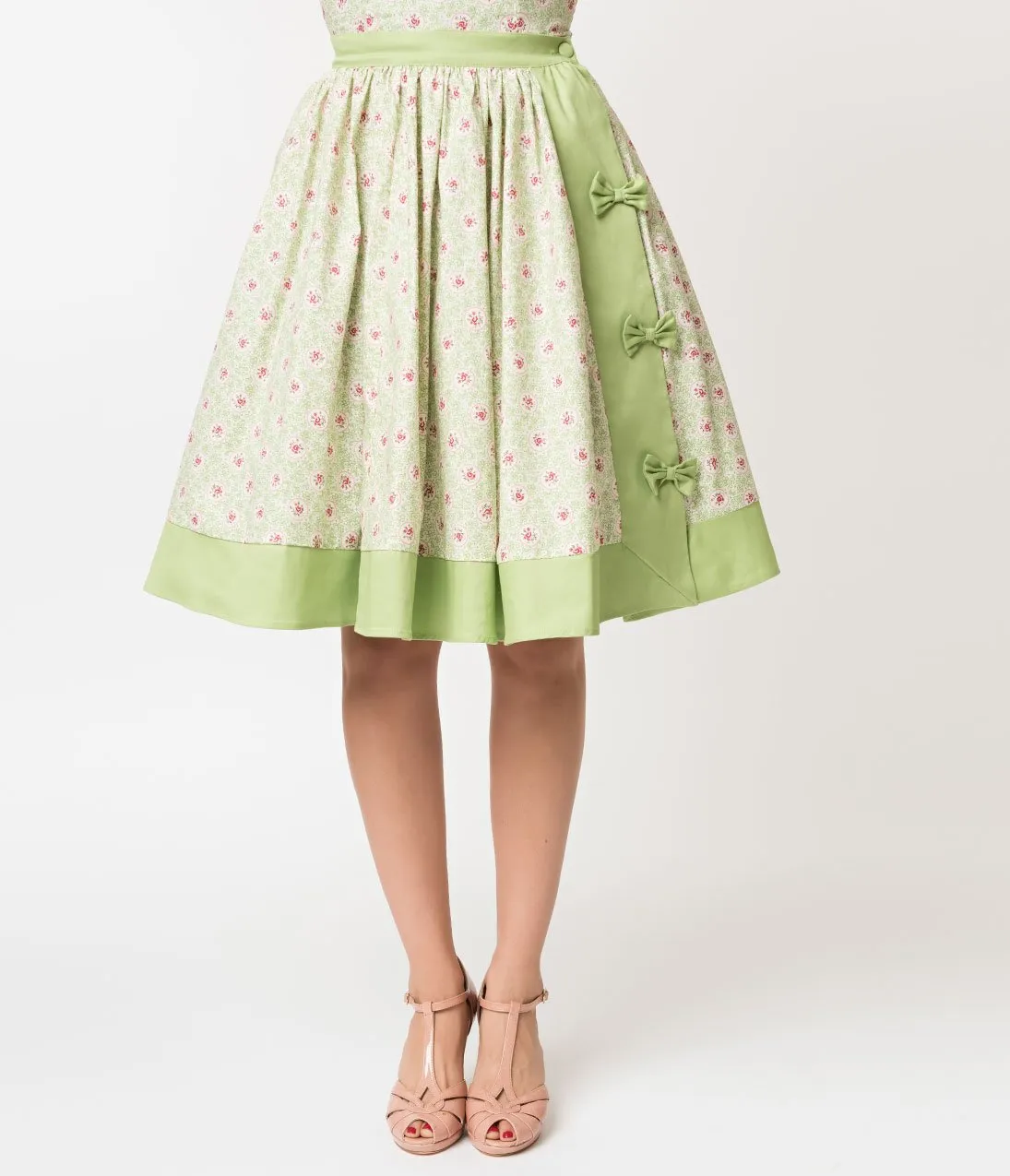 Unique Vintage Mint Green & Polka Dot Floral Rye Swing Skirt
