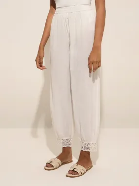 Utsa White Crochet-Detailed Harem-Style Cotton Pants