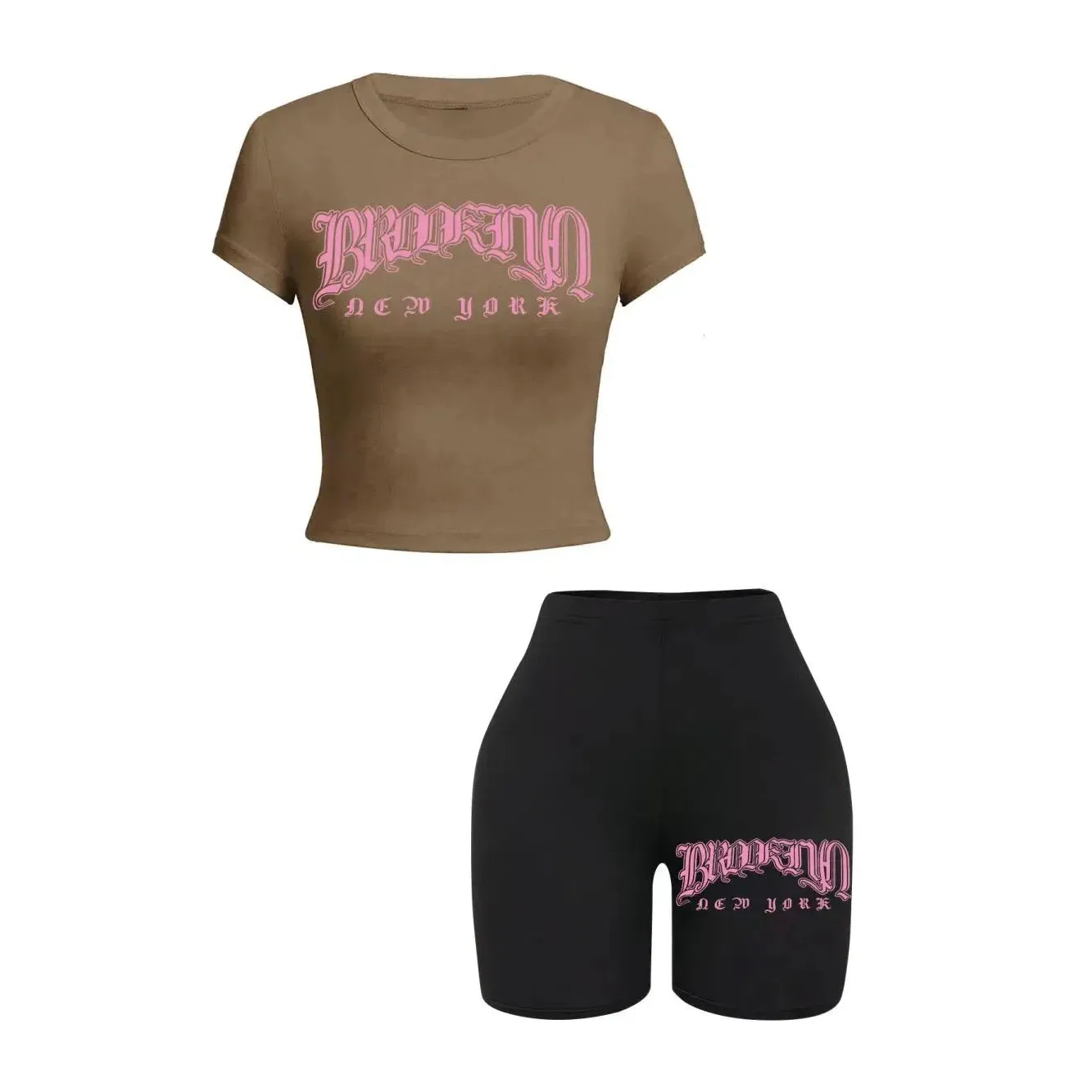 Women Slim Crop Tops & Pants Set Brooklyn Art Print Fashion