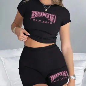 Women Slim Crop Tops & Pants Set Brooklyn Art Print Fashion