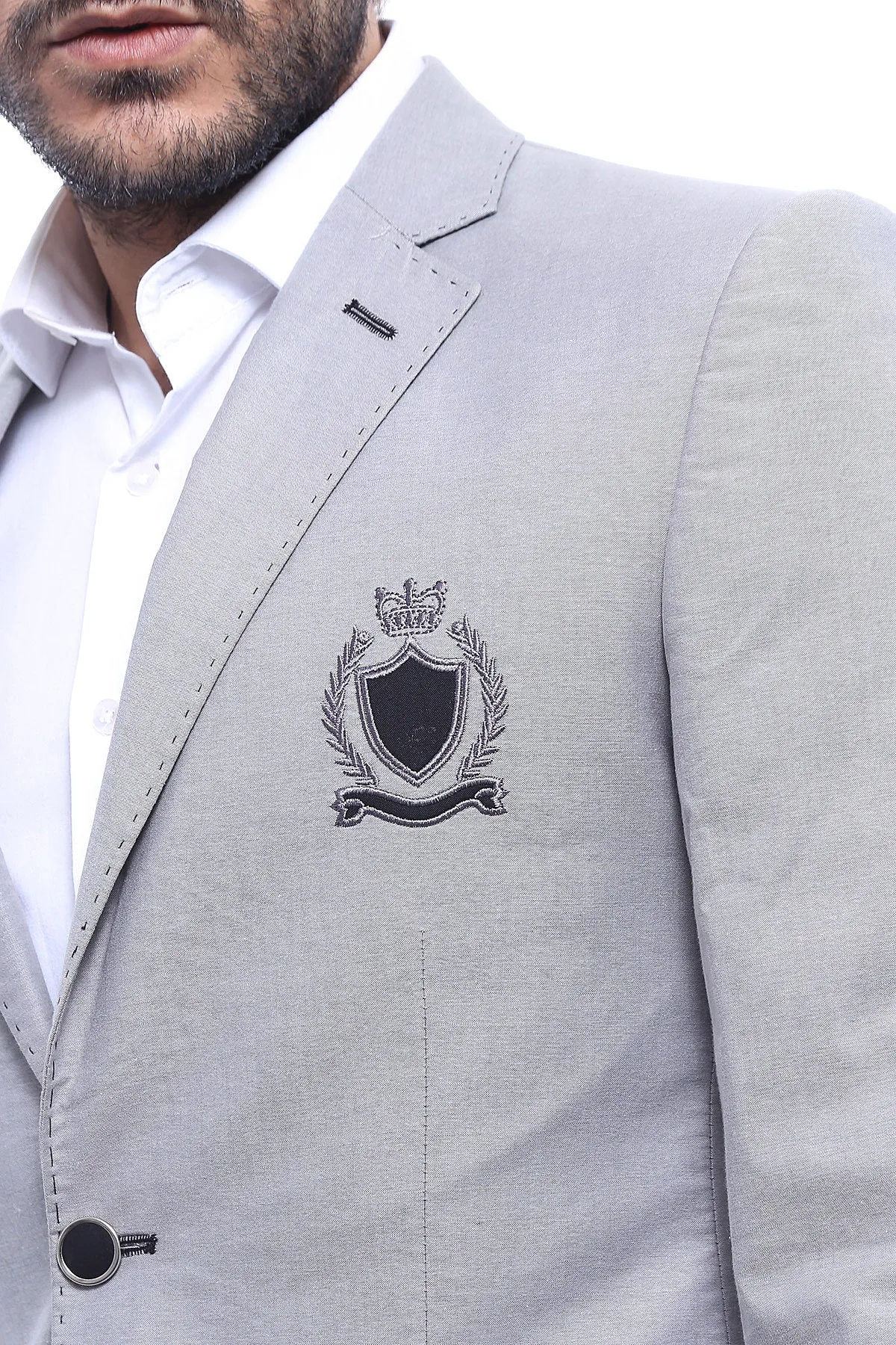 WSS Double Button Mono Lapel Crested Grey Jacket- - Singen